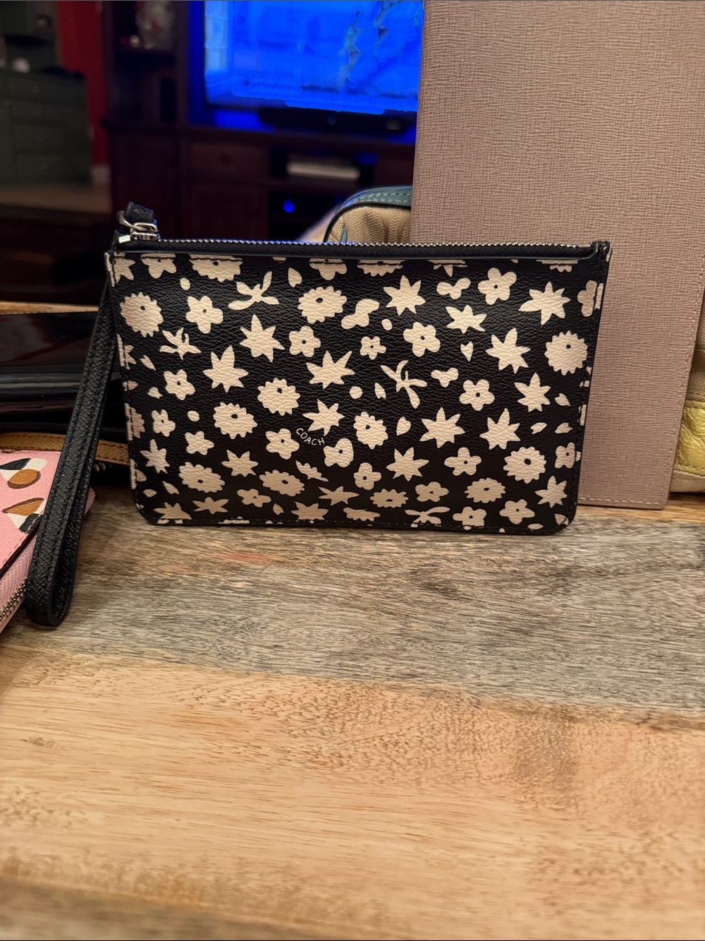 Coach Black & Cream Floral Wristlet Pouch
